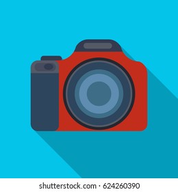 Digital camera icon in flat style isolated on blue background. Rest and travel symbol stock vector illustration.