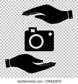 Digital camera icon. Save or protect symbol by hands.