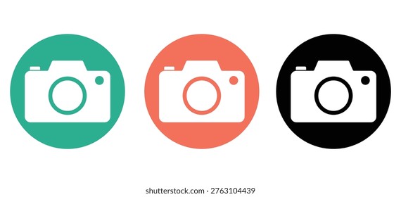 Digital Camera Icon Set – Round Flat Photography Symbols for Web Design, Social Media, and Portfolio UI in Green, Red, and Black