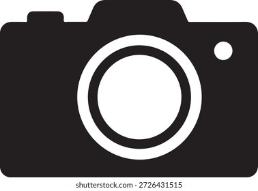 Digital camera icon simple black solid silhouette design element used to represent photography image capturing visual media recording or application features essential for web mobile interface graphic design assets technology concepts isolated on transparent checkerboard background