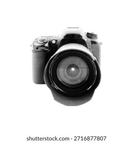 Câmera digital com lentes grandes em estilo de meio-tom preto e branco. Ilustração de dispositivo de fotografia moderna isolada no fundo branco para tecnologia, mídia, design criativo ou editorial.