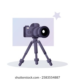 A digital camera with a large lens is mounted on a sturdy tripod, ready for a photoshoot. Vector illustration in a modern style.  
