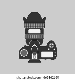 digital camera with large lens top view isolated vector black icon, camera silhouette icon