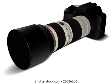 Digital camera with long lens on white background in vector