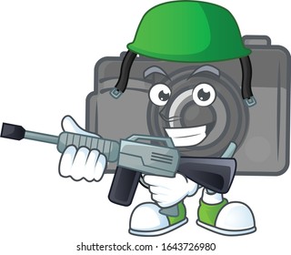 Digital camera mascot design in an Army uniform with machine gun