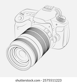 Digital camera with optical lens. Vector illustration. Sketch for creativity.