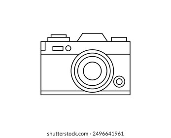 Icono de Vector de contorno de cámara digital. Cámara de la Fotografía del fotógrafo en forma del movimiento o de la línea con la lente del foco aislada en el fondo blanco