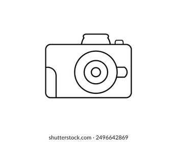 Digital camera outline vector icon. Photographer photography round corner camera in line stroke shape with focus lens isolated on white background