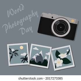 Digital camera, printed photos, World Photography Day, photography, nature, travel, flowers, mountains, palms, vector image