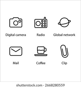 Cámara digital, radio, red global, correo, café, Clip, icono, icono de línea