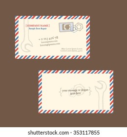 Digital camera repair. Business card vector template, styled as a vintage envelope with postage stamp. Hand drawn, pen ink. Also suitable for flyer, banner, advertisement, promotion