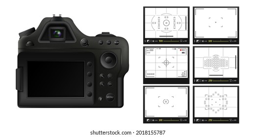 Digital camera with screens of shooting modes template. Black professional gadget with variable geometric setting of vector filming displays.