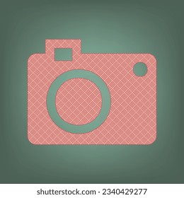 Digital camera sign. Apricot Icon with Brick Red parquet floor graphic pattern on a Ebony background. Feldgrau. Green. Illustration.