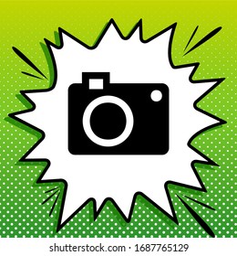Digital camera sign. Black Icon on white popart Splash at green background with white spots. Illustration.
