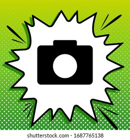 Digital camera sign. Black Icon on white popart Splash at green background with white spots. Illustration.