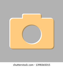 Digital camera sign. Emboss effect with light orange icon on gray background.
