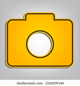 Digital camera sign. Flat orange icon with overlapping linear black icon with gray shadow at whitish background. Illustration.
