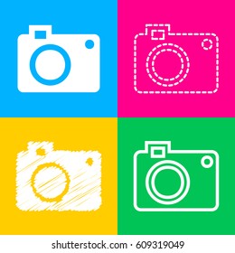 Digital camera sign. Four styles of icon on four color squares.