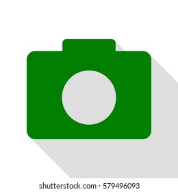 Digital camera sign. Green icon with flat style shadow path.