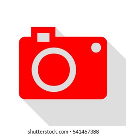 Digital camera sign. Red icon with flat style shadow path.