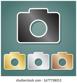 Digital camera sign. Set of metallic Icons with gray, gold, silver and bronze gradient with white contour and shadow at viridan background. Illustration.