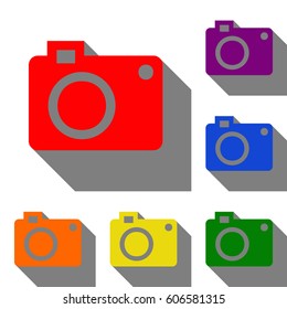 Digital camera sign. Set of red, orange, yellow, green, blue and violet icons at white background with flat shadow.