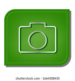 Digital camera sign. Silver gradient line icon with dark green shadow at ecological patched green leaf. Illustration.