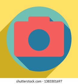 Digital camera sign. Sunset orange icon with llapis lazuli shadow inside medium aquamarine circle with different goldenrod shadow at royal yellow background.