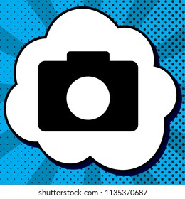 Digital camera sign. Vector. Black icon in bubble on blue pop-art background with rays.