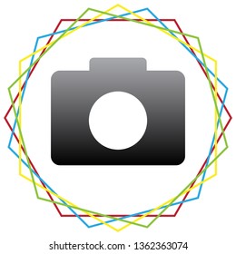 Digital camera sign. Vector. Black icon with patch of light inside colorful hexagonal frames at white background.