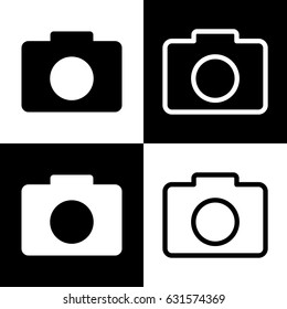 Digital camera sign. Vector. Black and white icons and line icon on chess board.