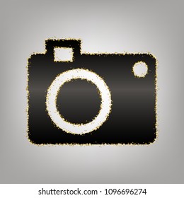 Digital camera sign. Vector. Blackish icon with golden stars at grayish background.