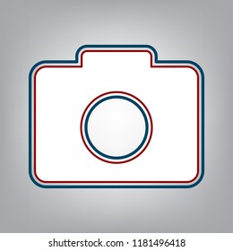 Digital camera sign. Vector. Dark red, transparent and midnight green stroke of white icon at grayish background.