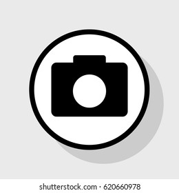 Digital camera sign. Vector. Flat black icon in white circle with shadow at gray background.