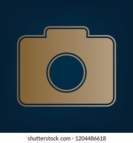 Digital camera sign. Vector. Golden icon and border at dark cyan background.