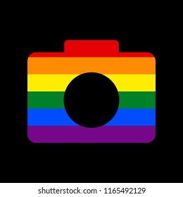 Digital camera sign. Vector. Icon with colors of LGBT flag at black background.