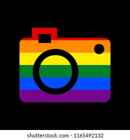 Digital camera sign. Vector. Icon with colors of LGBT flag at black background.