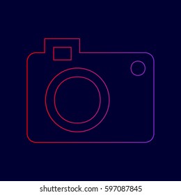 Digital camera sign. Vector. Line icon with gradient from red to violet colors on dark blue background.