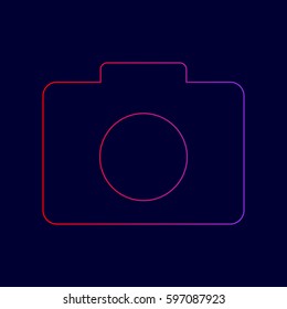 Digital camera sign. Vector. Line icon with gradient from red to violet colors on dark blue background.