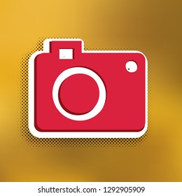 Digital camera sign. Vector. Magenta icon with darker shadow, white sticker and black popart shadow on golden background.