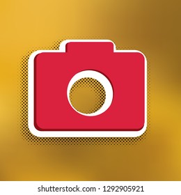 Digital camera sign. Vector. Magenta icon with darker shadow, white sticker and black popart shadow on golden background.
