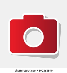 Digital camera sign. Vector. New year reddish icon with outside stroke and gray shadow on light gray background.