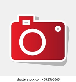 Digital camera sign. Vector. New year reddish icon with outside stroke and gray shadow on light gray background.