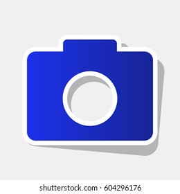 Digital camera sign. Vector. New year bluish icon with outside stroke and gray shadow on light gray background.