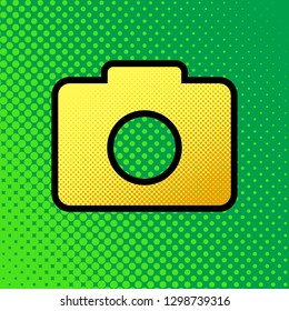 Digital camera sign. Vector. Pop art orange to yellow dots-gradient icon with black contour at greenish background.