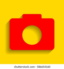 Digital camera sign. Vector. Red icon with soft shadow on golden background.