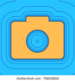 Digital camera sign. Vector. Sand color icon with black contour and equidistant blue contours like field at sky blue background. Like waves on map - island in ocean or sea.