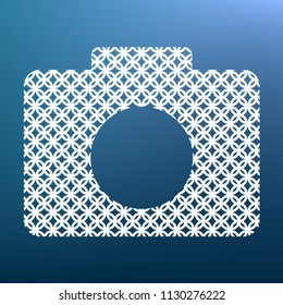 Digital camera sign. Vector. White textured icon at lapis lazuli gradient background.