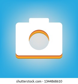 Digital camera sign. Vector. White icon with 3d warm-colored gradient body at sky blue background.