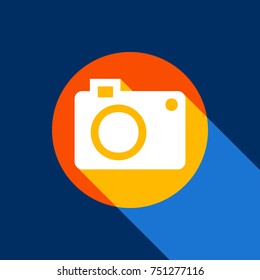 Digital camera sign. Vector. White icon on tangelo circle with infinite shadow of light at cool black background. Selective yellow and bright navy blue are produced.